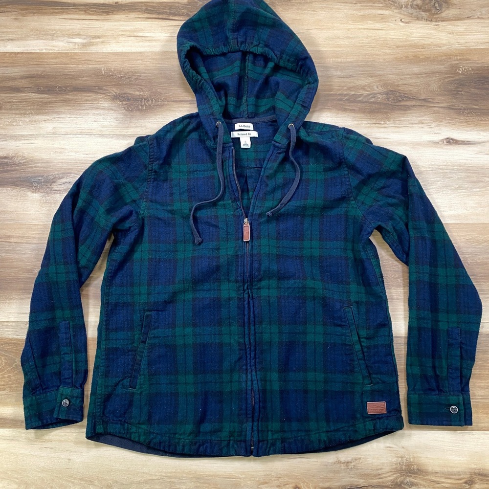 L.L. Bean Flannel Hoodie Womens Small Heritage Cotton Relaxed Fit Scotch Plaid - Picture 2 of 9